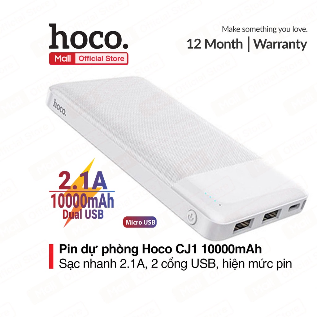 Sạc Dự Phòng Hoco CJ1-10000mAh với 2 cổng USB hỗ trợ sạc nhanh 2.1A tương thích với nhiều thiết bị