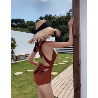 Bikini đồ bơi liền thân hở lưng vạt dài buộc eo thon gọn mặc nhiều kiểu KONKUN MS103