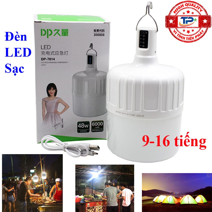 Bóng đèn LED sạc tích điện 48W DP-7814 với 3 chế độ sáng 9-16 tiếng, chống nước, dùng khi mất điện, bán hàng, cắm trại