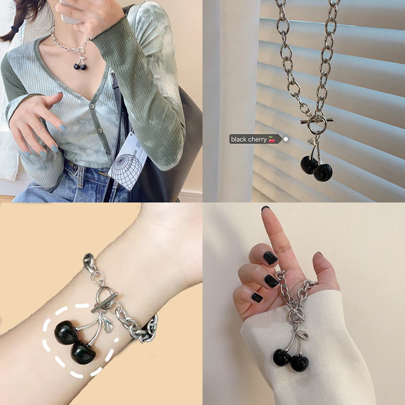 Bộ vòng cổ và vòng tay gắn hình quả cherry thời trang hiphop cho nữ