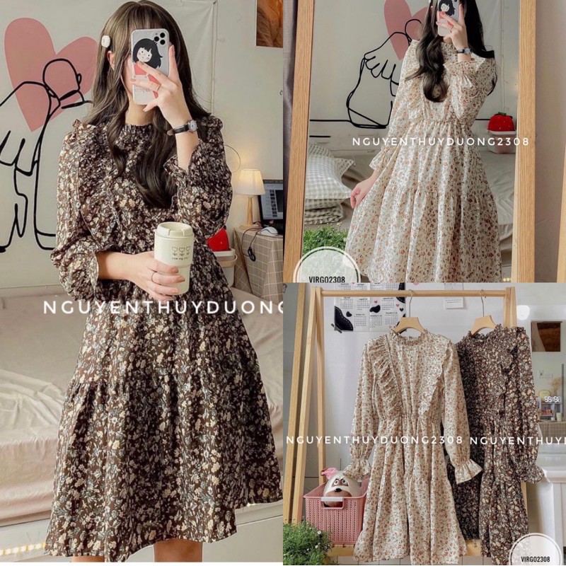 Váy hoa Loli nhún bèo Vintage/Đầm hoa Chiffon nhún bèo xinh xắn(Ker.) | BigBuy360 - bigbuy360.vn