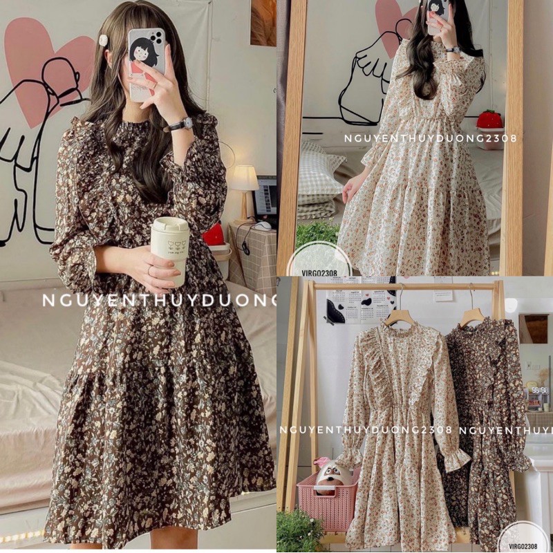 [Mã FAGREEN245 giảm tới 30K đơn 99K] Váy hoa Loli nhún bèo Vintage/Đầm hoa Chiffon nhún bèo xinh xắn(Ker.)