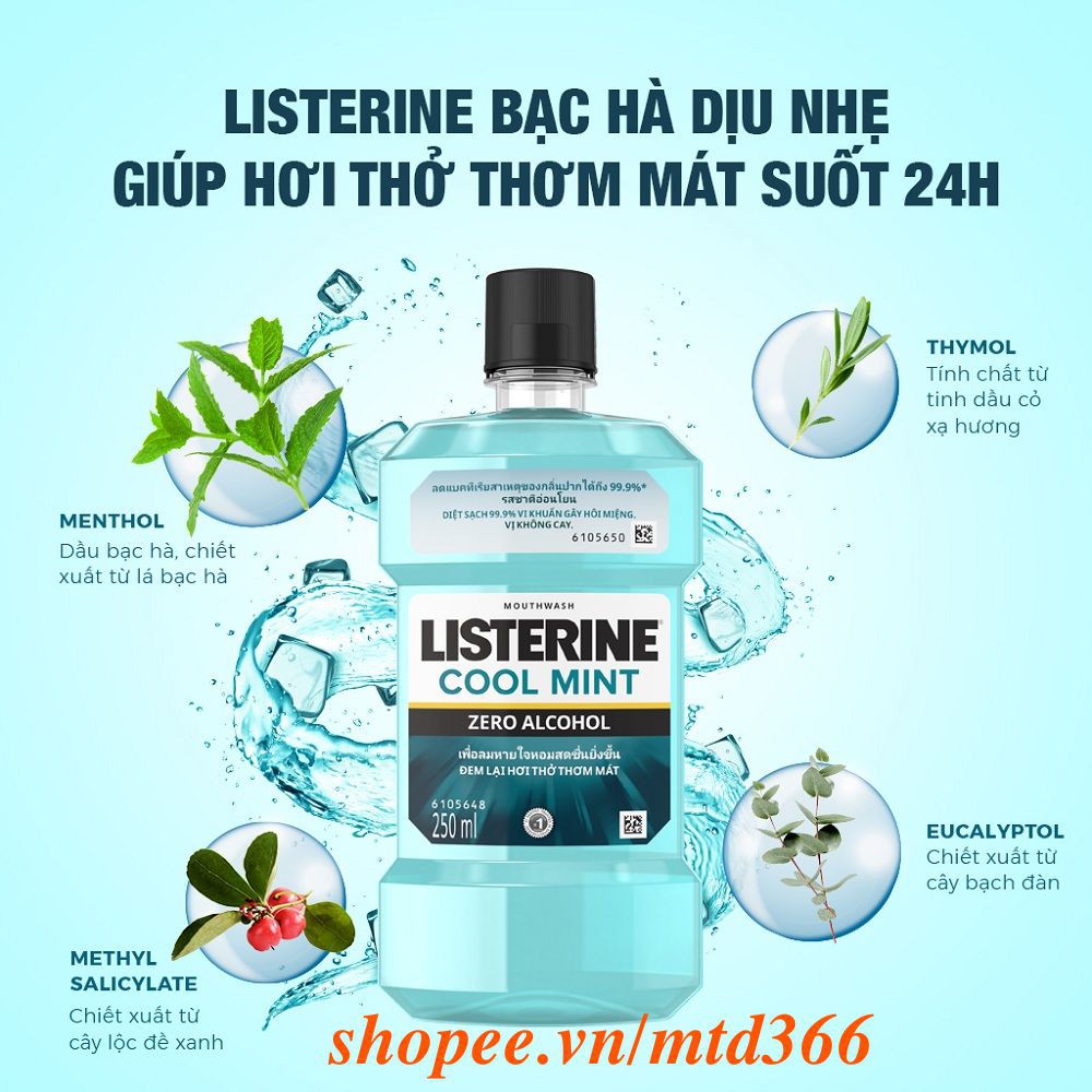 Nước Súc Miệng 250Ml Listerine Cool Mint Zero Alcohol,Chính Hãng.