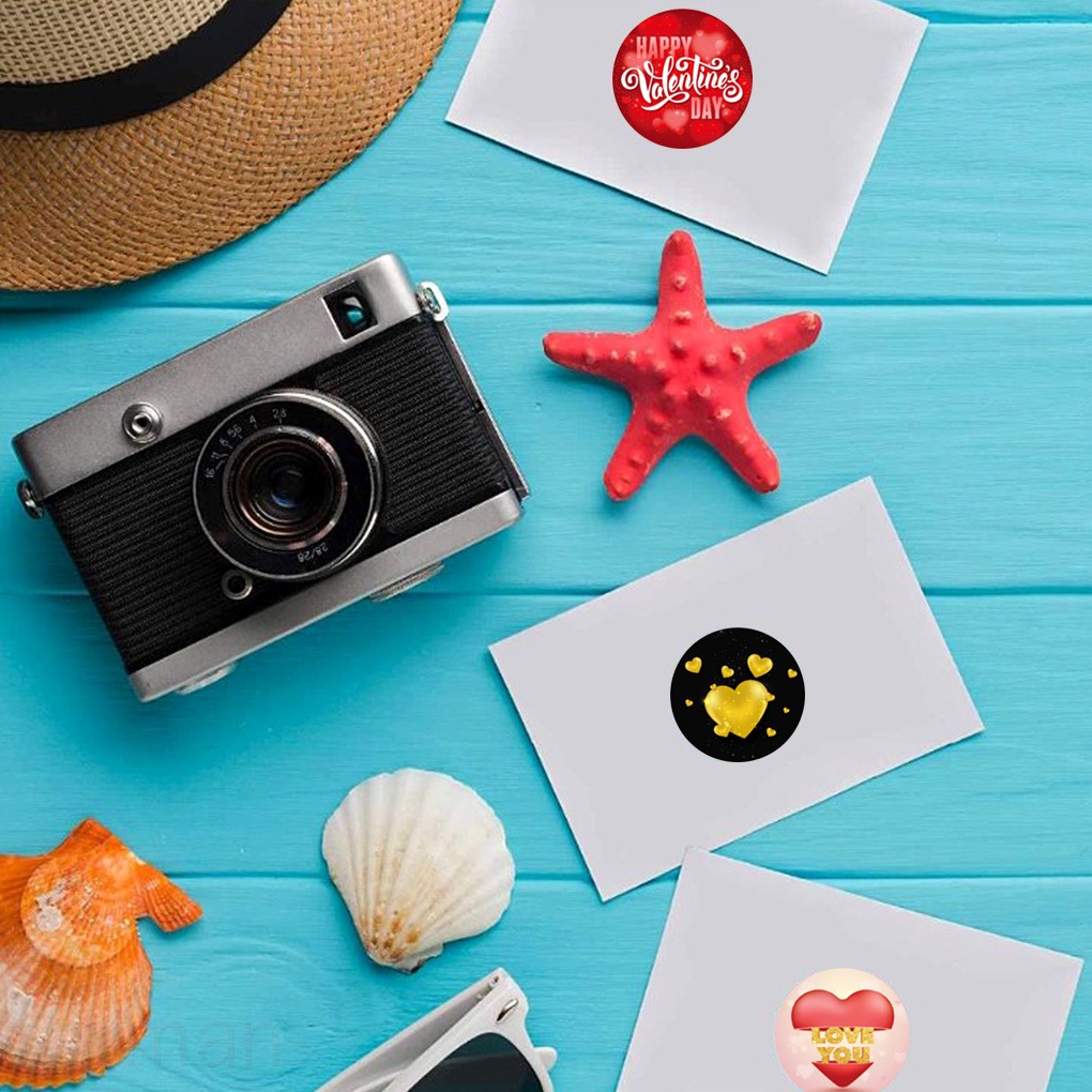 Cuộn 500 miếng dán hình tròn in trái tim độc đáo trang trí túi bánh DIY