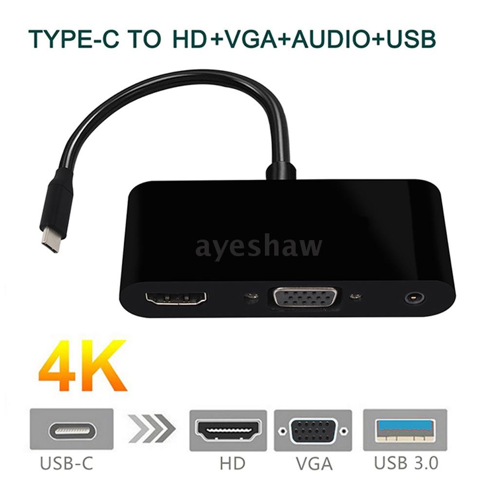 Ayeshaw USB-C Type-C to HD VGA 3.5mm Audio 3 in 1 Converter Adapter with USB 3.0 HUB