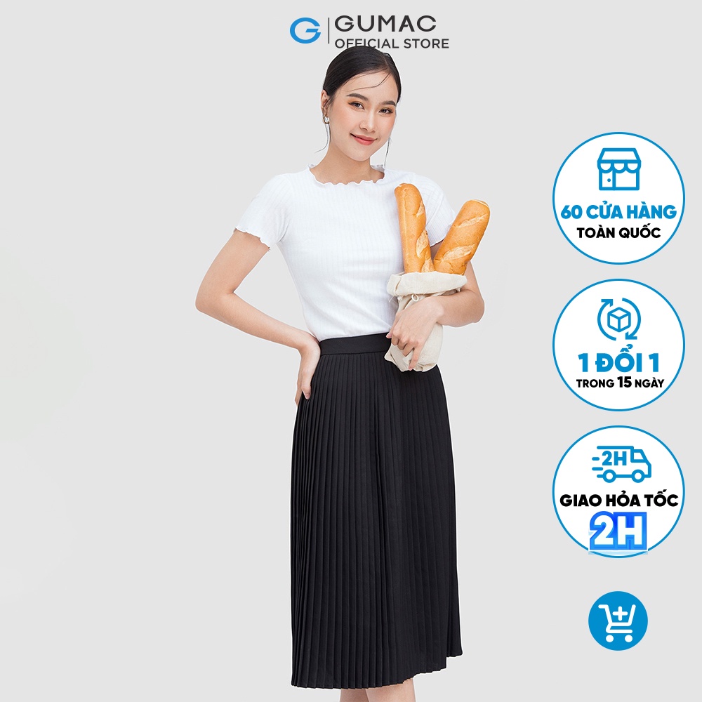 Chân váy nữ dài GUMAC màu đen dáng xòe dập ly VC03052