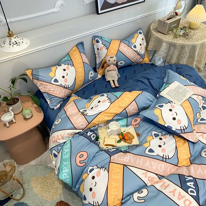 Bộ chăn ga gối Poly Cotton Mèo happy (Tặng vỏ gối ôm) - Miễn phí bo chun mọi kích thước
