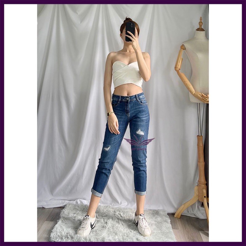 Quần baggy nữ lửng lưng cao⚡️ quần boyfriend nữ ngố cạp cao co giãn kiểu rách Nhipham shop/xanh nhạt, xanh đậm