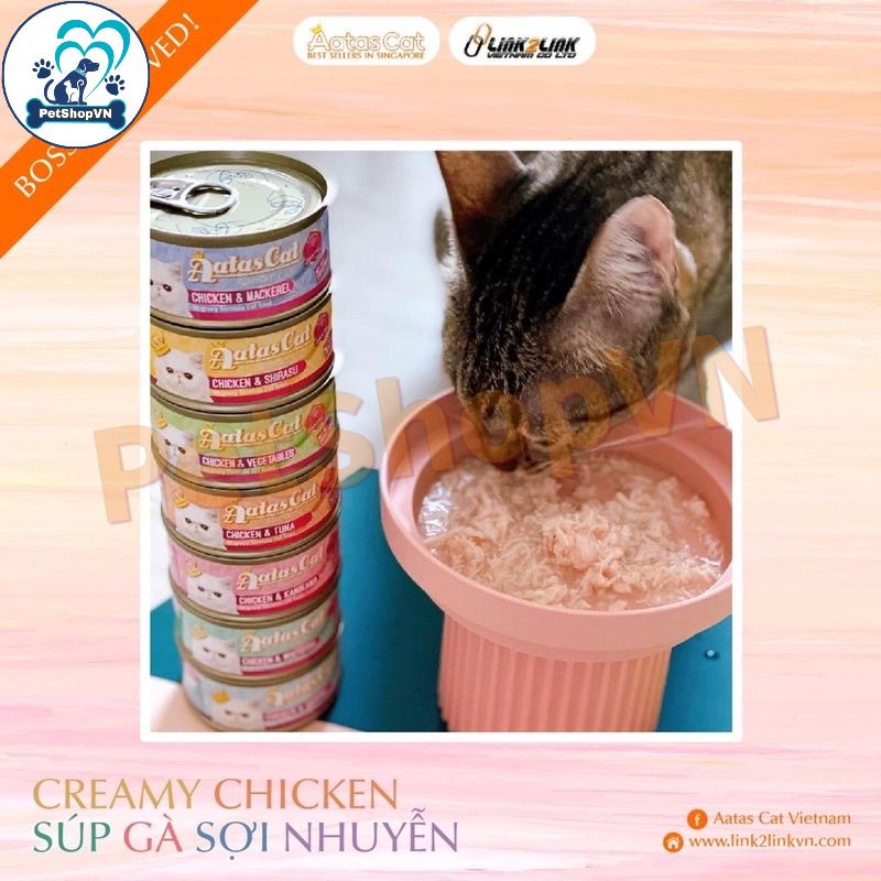 Pate Cho Mèo AATAS CAT Dạng Súp Gà Sợi Nhuyễn Lon 80g Kết Hợp Topping Thơm Ngon, Bổ Dưỡng, Mượt Lông.