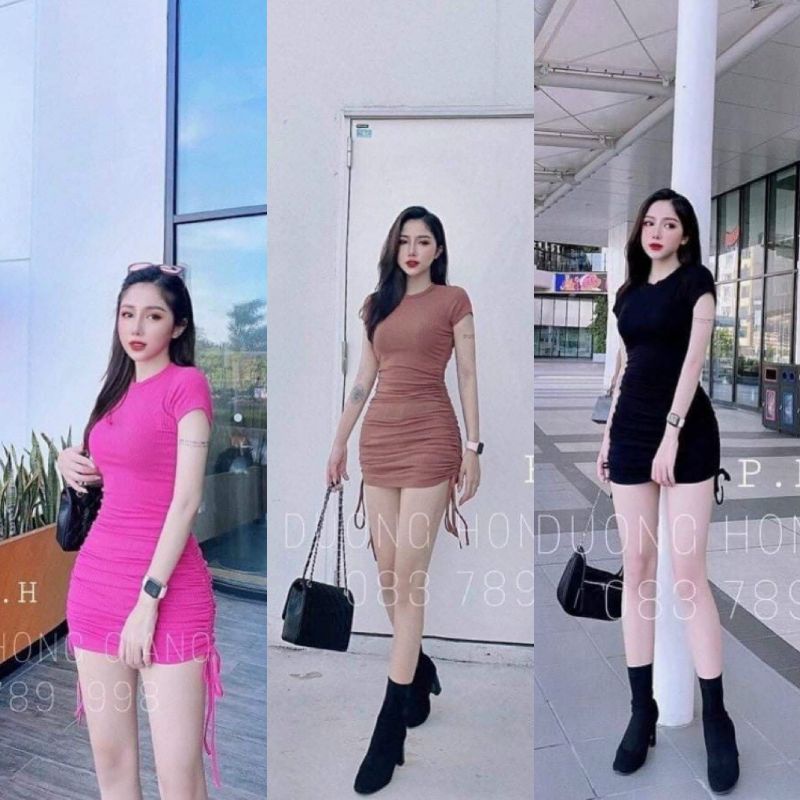 Đầm Thun Tay Ngắn Dáng Ngắn Rút Hai Dây Hông Ôm Body Sexy