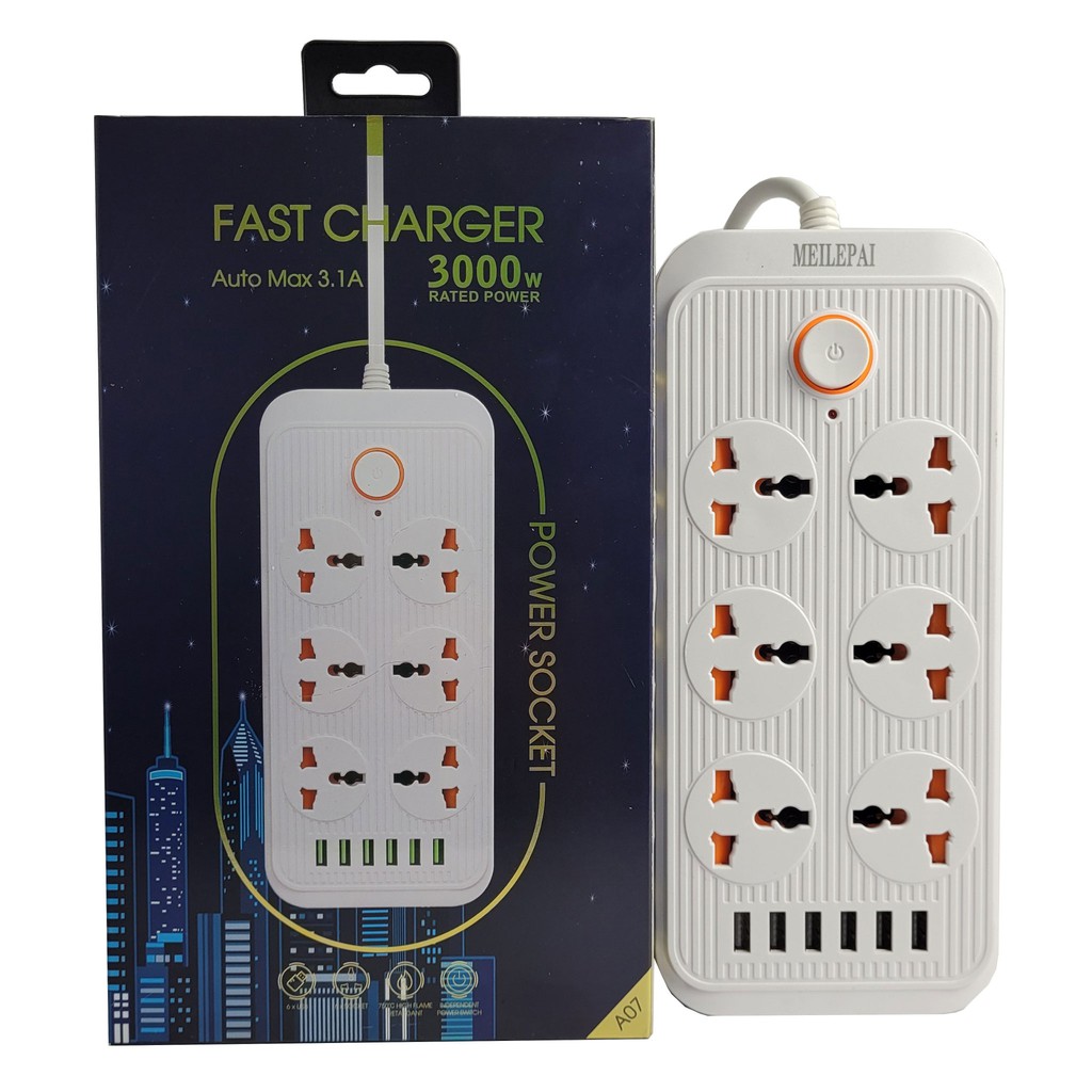 Ổ Cắm Điện Đa Năng 6 Cổng USB, Sạc Nhanh 5V-3A, Ổ Điện Chịu Tải 3000W, Tích Hợp Rơ Le Tự Ngắt, Dây Nối Dài 2.1M