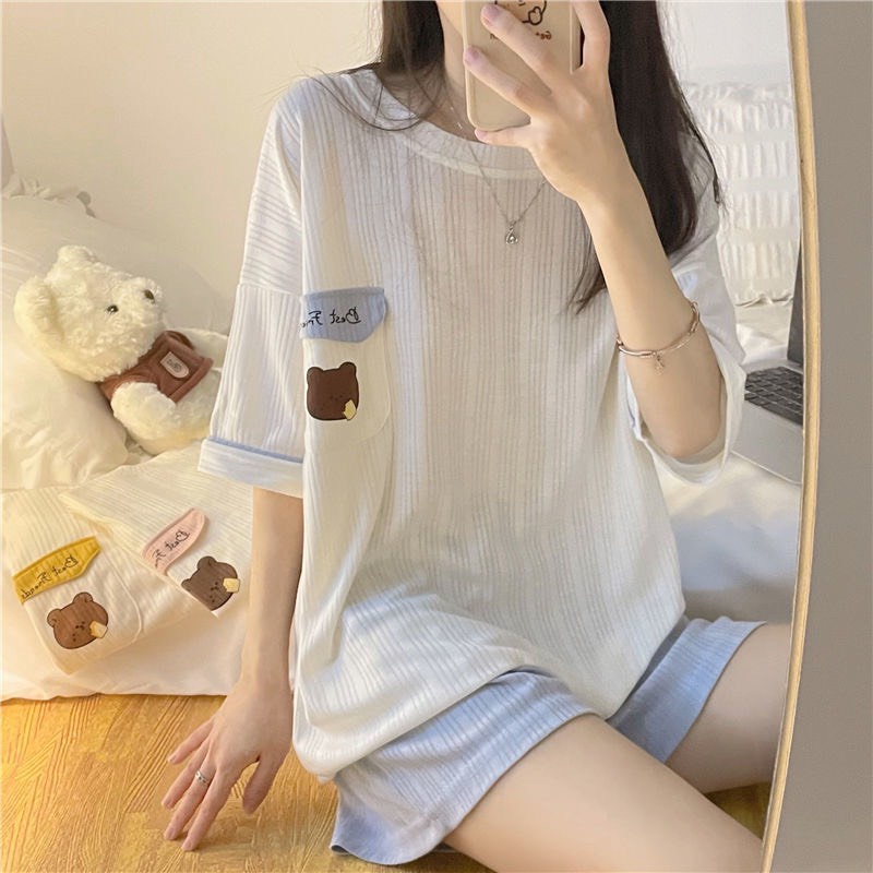 (Mẫu In) Bộ Mặc Nhà Bộ Đồ Cotton Gân Trẻ Trung Siêu Hót 2022 Túi Gấu Mẫu In