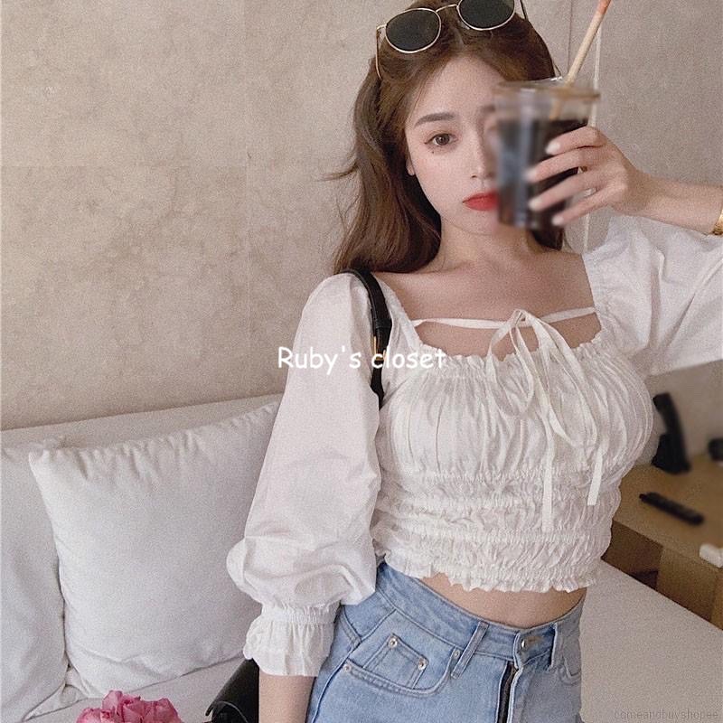 Áo croptop trắng ulzzang buộc dây cổ - Áo nữ cổ vuông dáng croptop ôm body