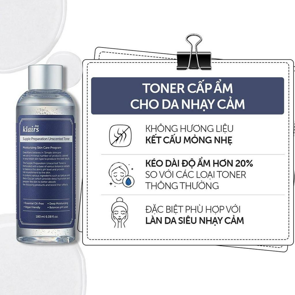 Nước hoa hồng Dear, Klairs Supple Preparation Unscented Toner Dưỡng Ẩm Da Và Làm Mềm Da 180ml