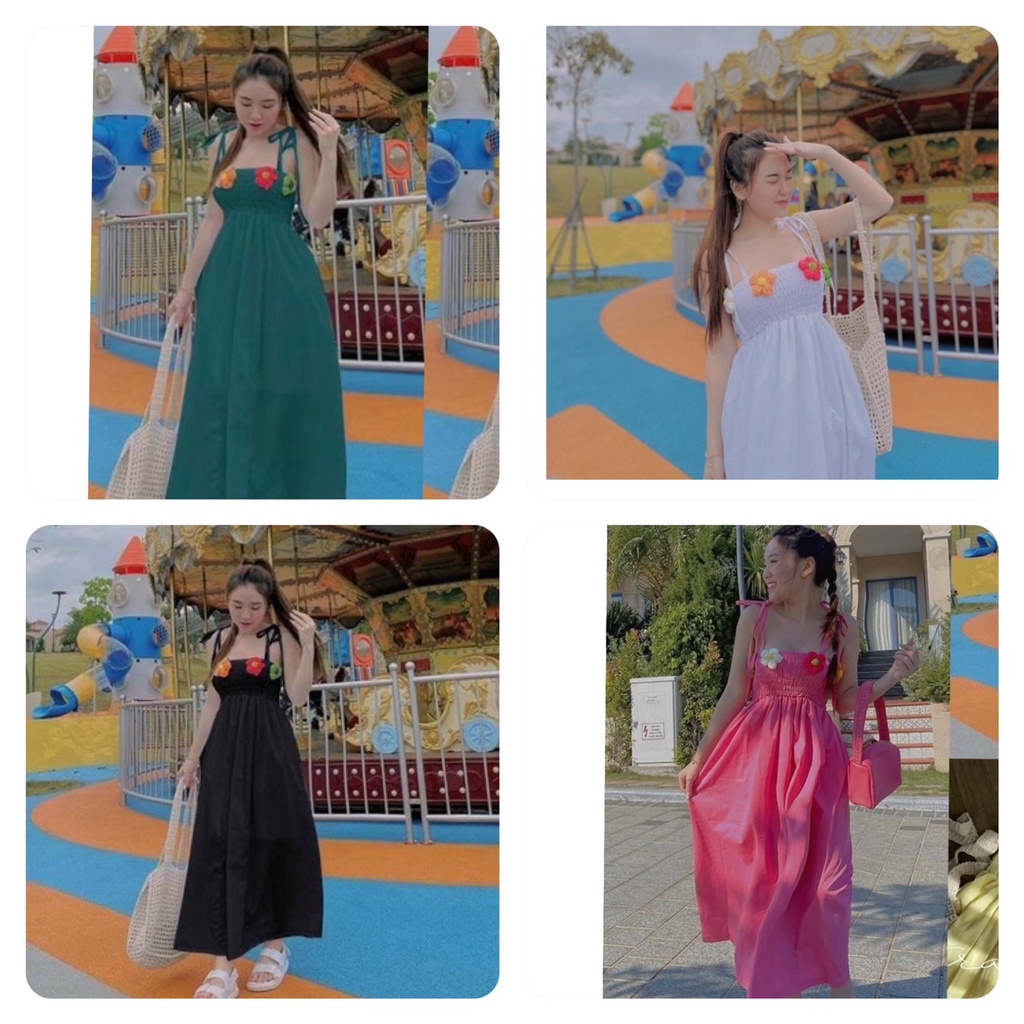 Đầm Maxi Dây Bo Chum Ngực - Đầm Maxi Dáng Dài Xòe 73kg Bầu Mặc Được (Có Video)