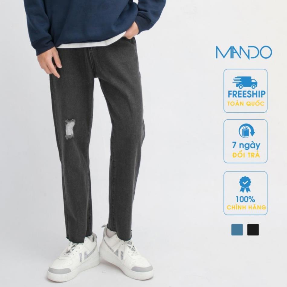 Quần Jean Nam MANDO Rách Gối Quần Bò Ống Suông Form Rộng Kiểu Dáng Basic Unisex Thời Trang Hàn Quốc QJ38 ! * -