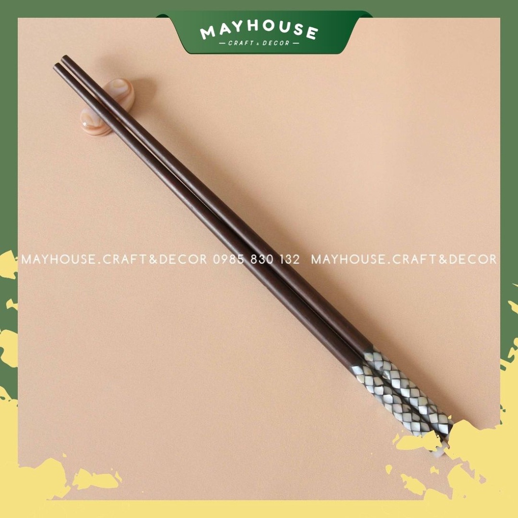 Đũa Gỗ Mun Đen Khảm Trai Cao Cấp, XƯỞNG MAYHOUSE, Dài 23,5cm, Đũa Gỗ Tự Nhiên