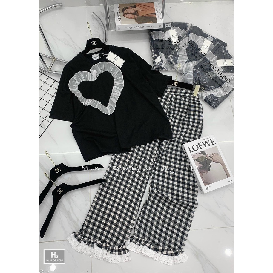 set bộ áo thun tim bèo ngực kèm quần carro k