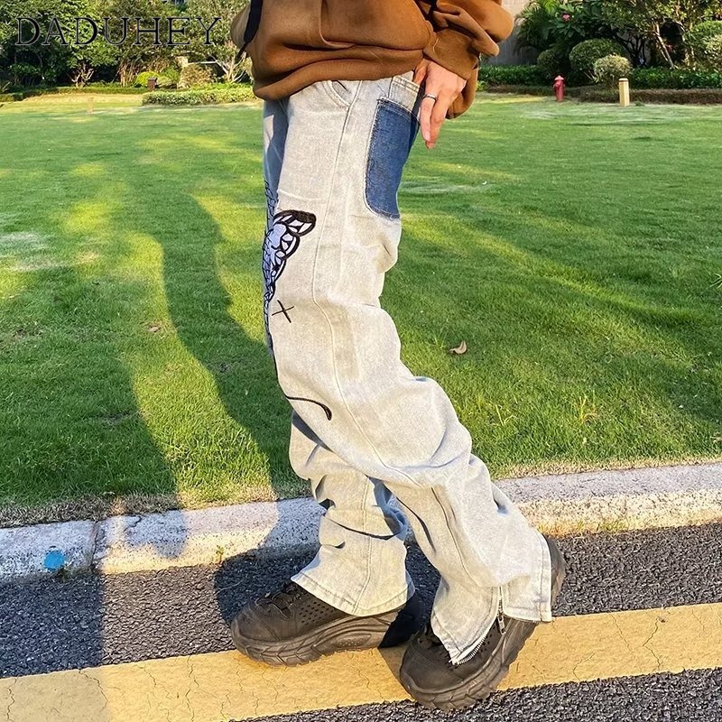 DaDuHey American Street Retro Washed Butterfly Embroidered Jeans Men 'S And Women 'S High Street Fashion Brand Casual Pants
