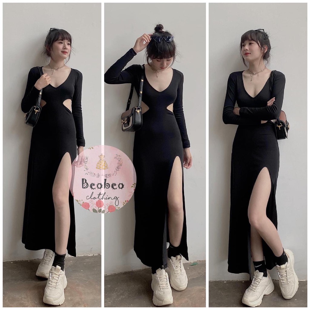 Đầm maxi body thun đen tay dài hở eo xẻ tà vintage