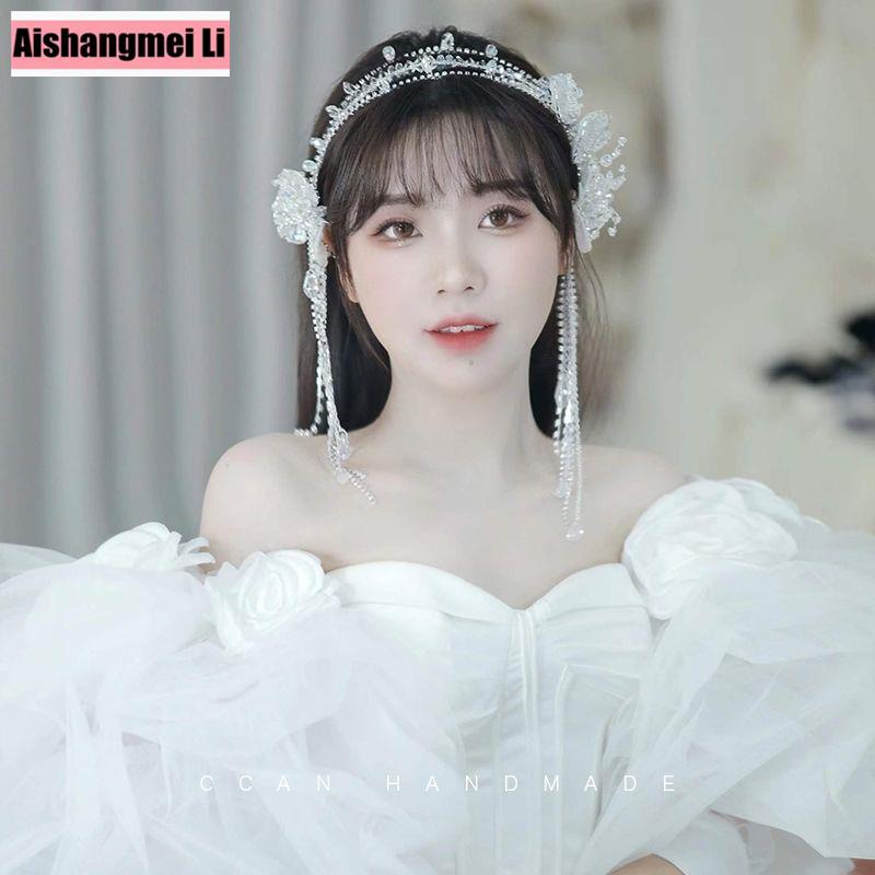 Băng Đô Cài Tóc Đính Hoa Pha Lê Lấp Lánh Phong Cách Hàn Quốc Cho Cô Dâu
