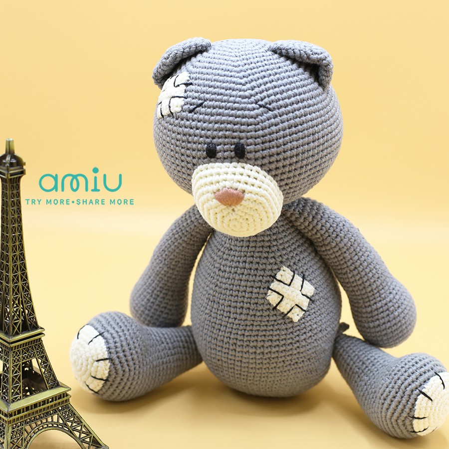 Gấu bông móc len Amigurumi cao cấp Amiu Việt Nam - Gấu vá xanh ghi đá handmade - SP000371