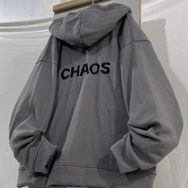 Áo Khoác Hoodie Nỉ Thêu CHAOS Có Dây Kéo Nón 2 Lớp Chống Nắng - Kiểu Rộng Unisex Cặp Nam Nữ Siêu Xinh