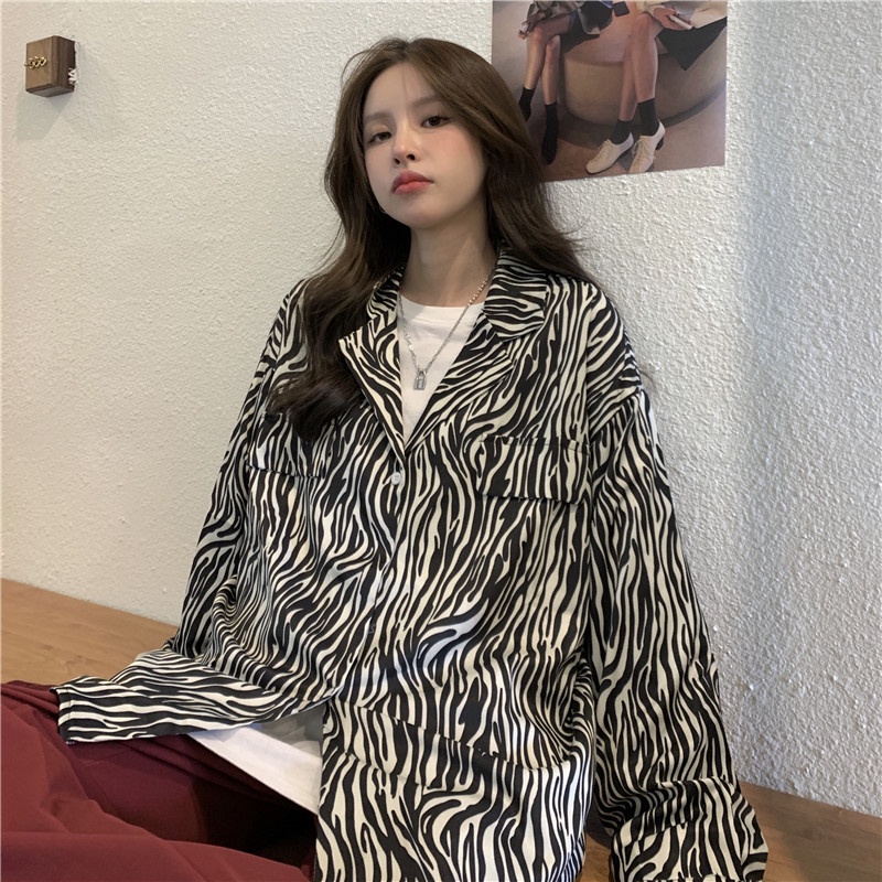 Áo sơ mi SUXI tay dài họa tiết ngựa vằn thời trang hàn quốc cho nữ