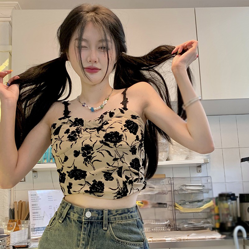 Áo Hai Dây In Hoa Có Đệm Ngực Thời Trang Hàn Quốc Gợi Cảm Cho Nữ