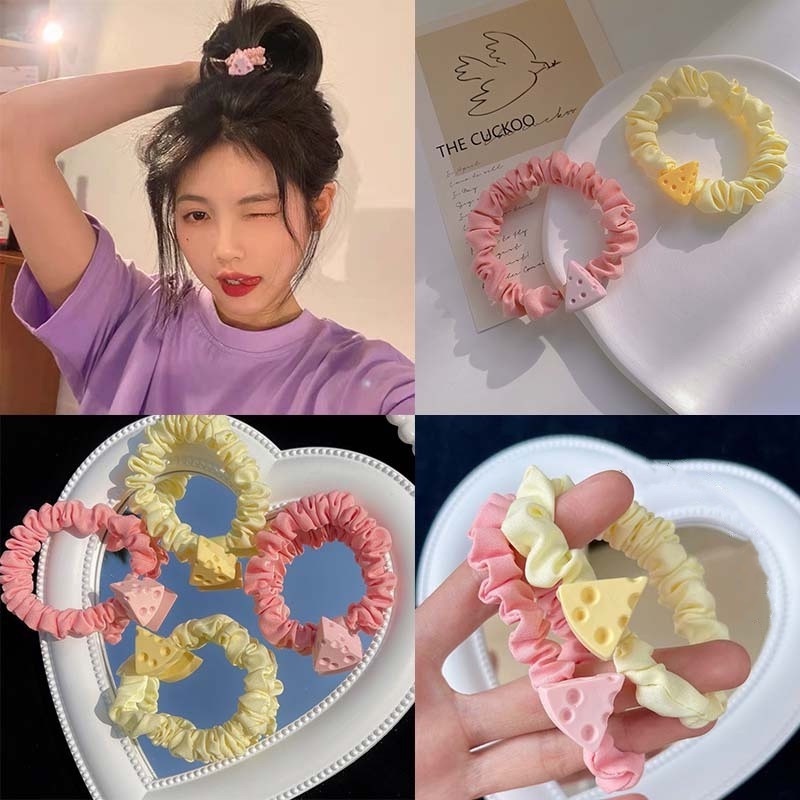 Dây Buộc Tóc Co Giãn Hình Phô Mai Hồng Macaron Dễ Thương Cho Bé Gái