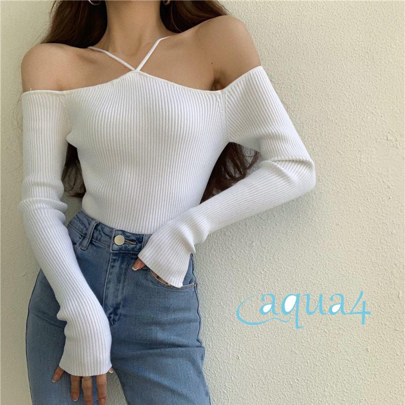 Áo Len Tay Dài Hở Vai Màu Trơn Thời Trang Dành Cho Nữ Đen