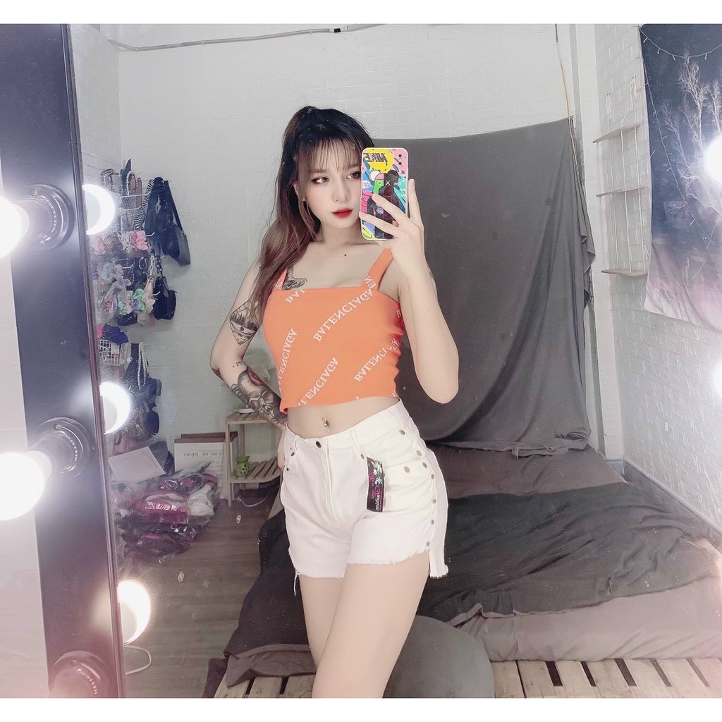 Áo hai dây bản vuông croptop in chữ chéo cực xinh , chất thun bozip dày dặn ( ảnh thật )
