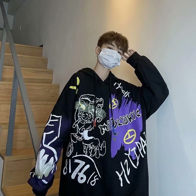 Áo hoodie dáng rộng tay dài in họa tiết graffiti gồm 3 màu sắc
