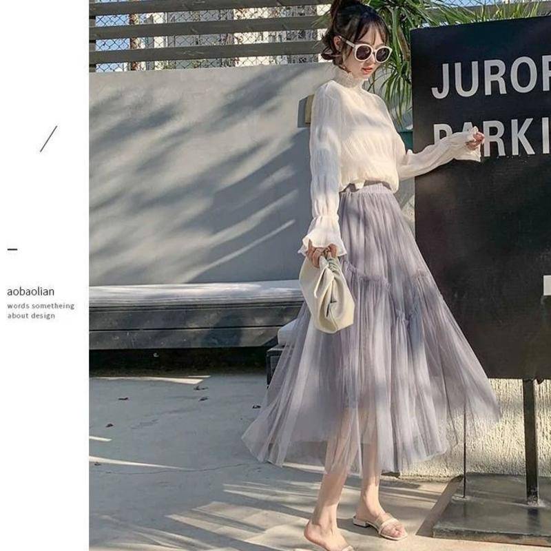 Chân Váy Lưới Dài Qua Gối Màu Hồng Phong Cách Công Chúa Cho Nữ