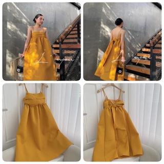 Đầm midi 2s bbd vàng nơ lưng xếp ngực ✨