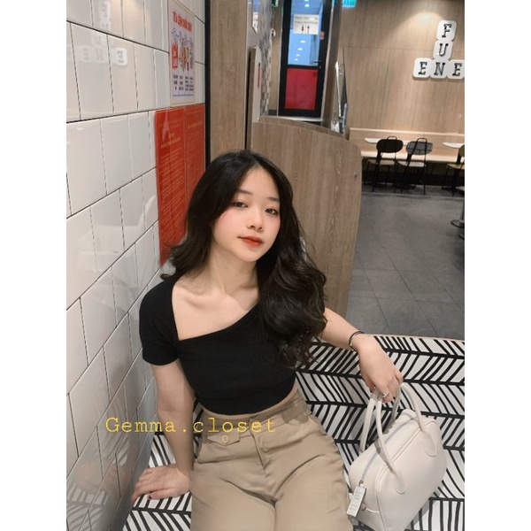 Áo thun gân dáng croptop Ulzzang cổ lệch basic dễ phối đồ