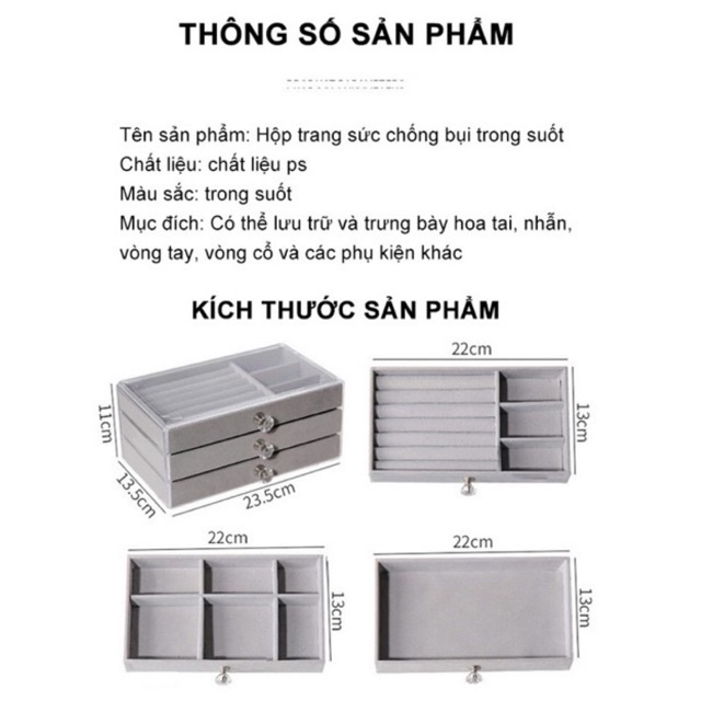 Khay nhung 3 tầng đựng trang sức đồng hồ khung mika chống bụi