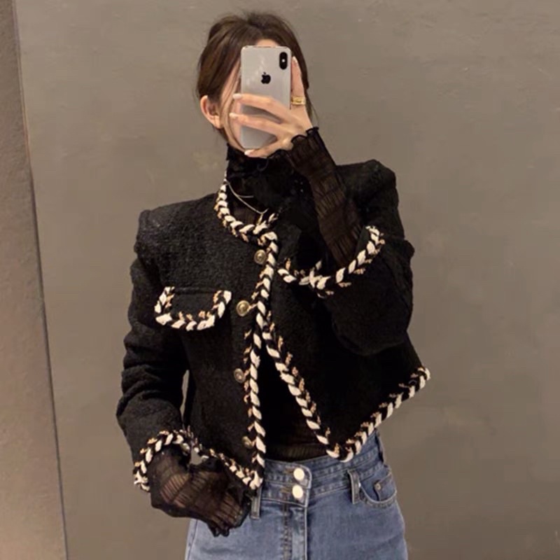Áo khoác dạ tweed cho nữ cổ tròn khuy đồng viền vặn thừng phong cách Hàn Quốc
