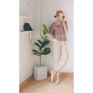 Set áo nâu cổ vuông + quần chun be