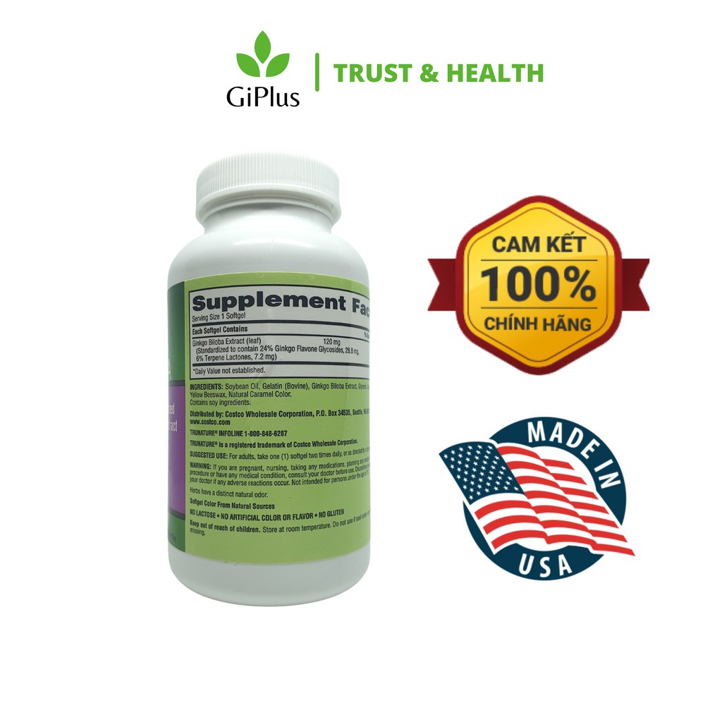Viên Uống Bổ Não Tăng Cường Trí Nhớ, Tuần Hoàn Não Trunature Ginkgo Biloba 120mg (340 viên/ Lọ)
