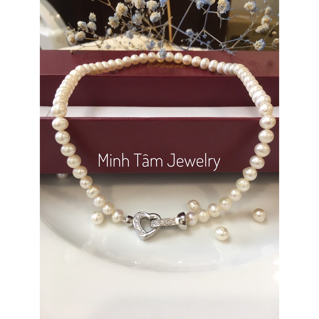 Vòng cổ Ngọc Minh Tâm Jewelry Trai nuôi thiên nhiên khoá trái tim bạc 925 xi kim