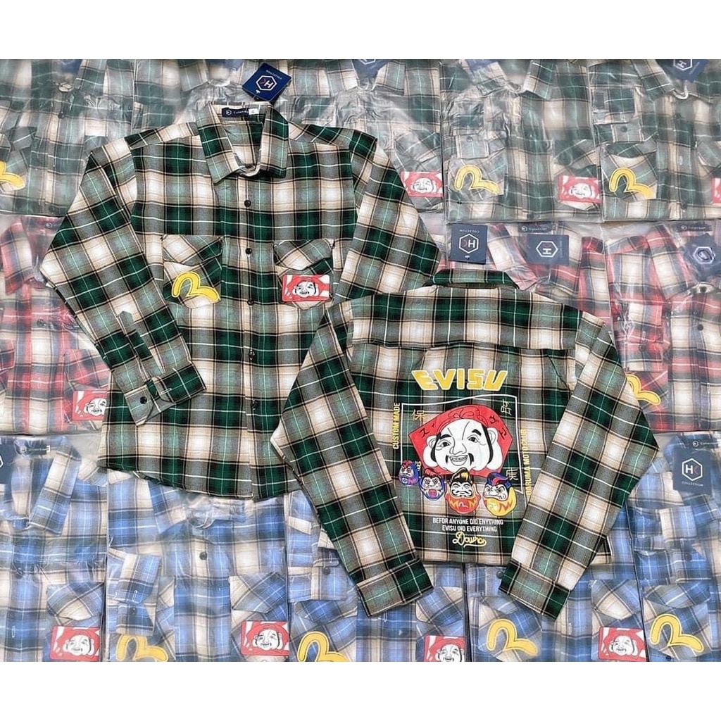 Áo Sơ Mi Nam Tay Dài EVISU BÀ ĐỊA Vải Nỉ Caro MềmMịn Hình In Rõ Nét Phong Cách Thời Trang Hot Trend Mới