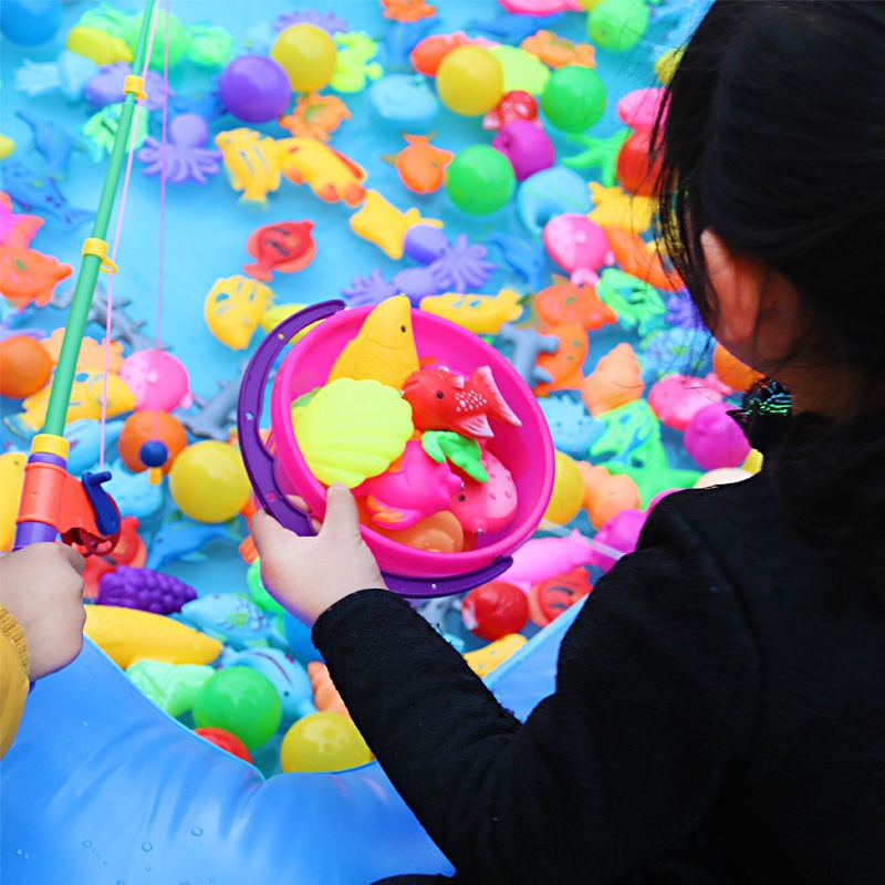 Gói đồ chơi câu cá trẻ em, cần ba chiều hai mặt từ tính bằng nhựa, xô nhỏ lưới, số lượng lớn
