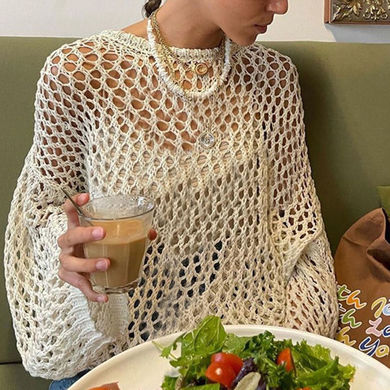 Áo Sweater Dệt Kim Tay Dài Dáng Rộng Cổ Tròn Hở Vai Kiểu Retro Thời Trang Mùa Hè