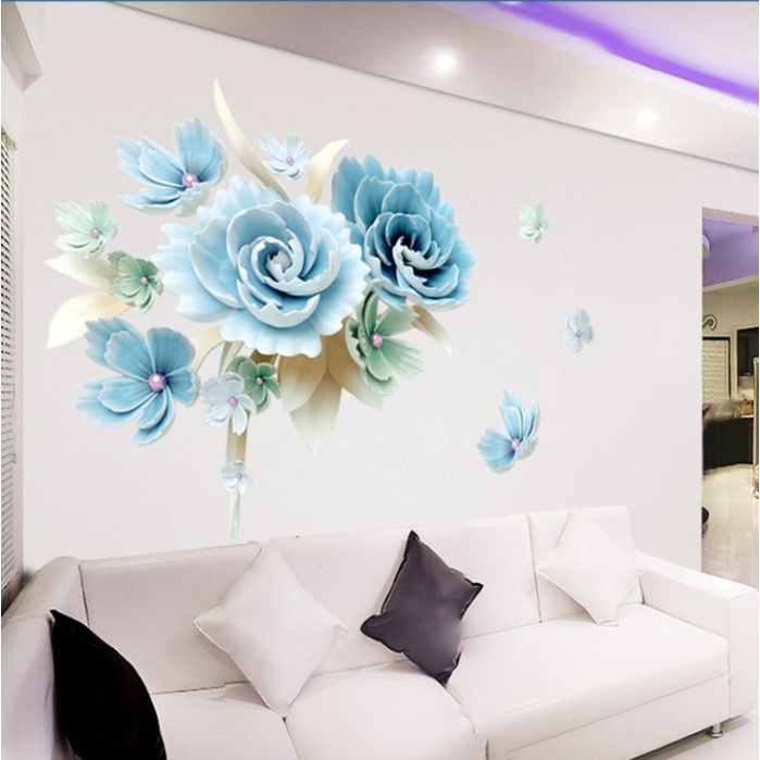Decal giấy dán tường - mẫu Hoa mẫu đơn xanh bích sang trọng nhẹ nhàng ( 2 tấm )