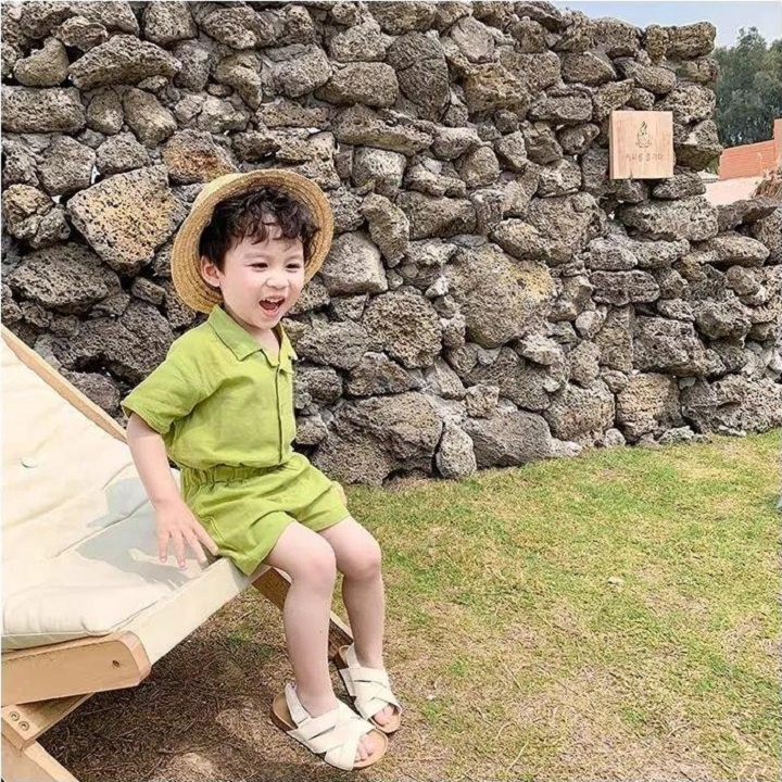 Bộ Quần Áo Cho Bé Habi Fashion Chất Liệu Đũi Trơn Cổ Vest Đi Biển Bé Trai, Bé Gái 10-20Kg