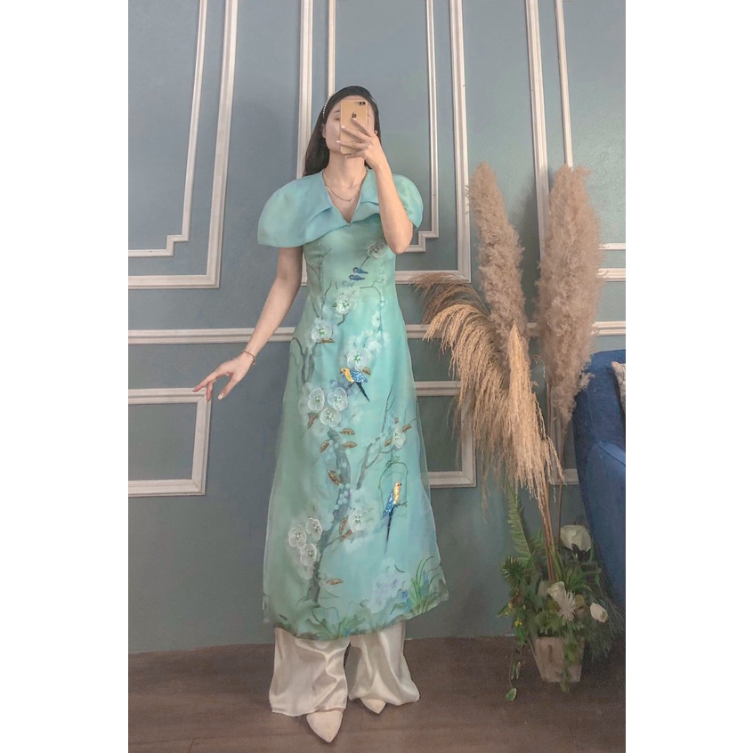 ÁO DÀI XANH CỔ V TAY BÔNG