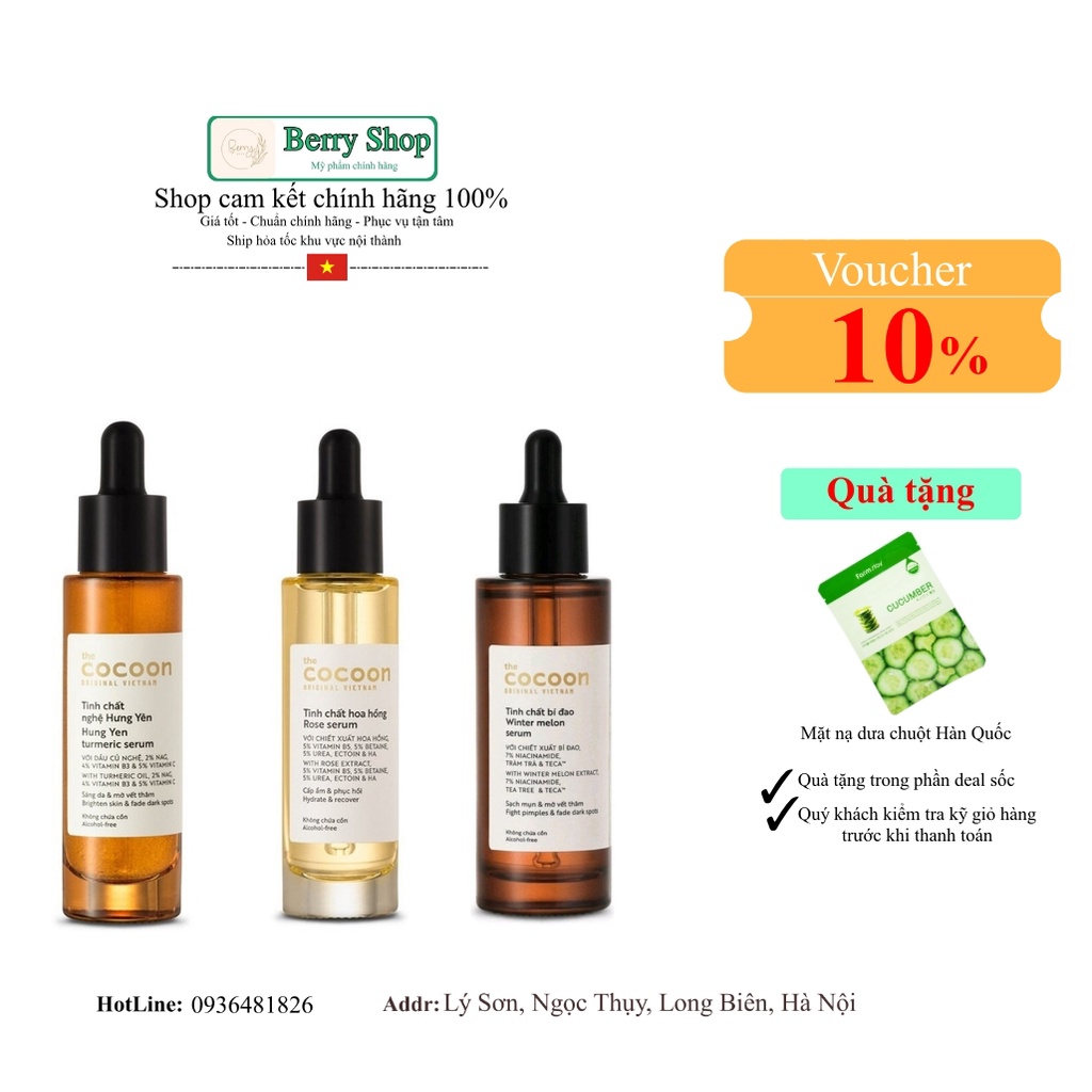 Tinh chất Cocoon:Serum nghệ &amp;  bí đao &amp; hoa hồng 30ml / 70ml, Berry Shop