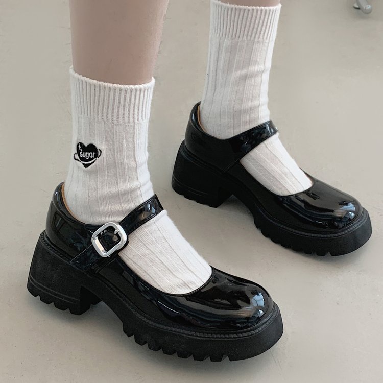 ❤Giày Da Bóng Gót Dày Mũi Tròn Màu Đen Phong Cách Retro Anh Quốc Cho Nữ