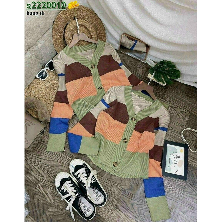 Áo Khoác Cardigan Dệt Kim Tay Dài Cổ Chữ V Dáng Rộng Kẻ Sọc Thời Trang Mùa Thu Cho Nữ